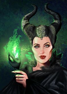 a painting of a woman with horns holding a green ball in her hand and wearing a black dress