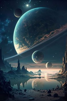 an artist's rendering of planets in the sky, with water and rocks around them