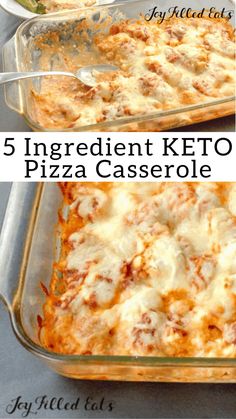 three different pictures of baked pizza casserole in pans with the words, 5 ingredient keto pizza casserole