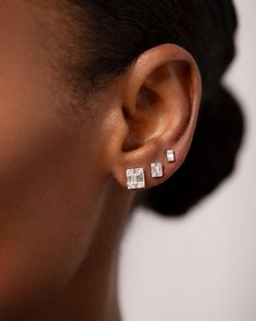 Why We Love Them: These elegant diamond studs feature a thoughtful arrangement of baguette and round stones that create the illusion of 1 total carat, emerald-cut diamonds. Shop the full Illusion Collection. Ring Concierge, Large Stud Earrings, Necklace Length Guide, Bracelet Size Chart, Diamond Huggies, Diamond Heart Ring, Bar Studs, Tiny Diamond, Round Stud Earrings