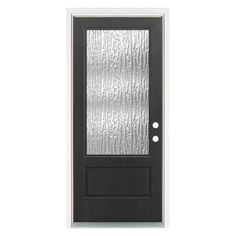 a black door with frosted glass on the front and side panels, against a white background