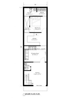 the floor plan for a small house with one bedroom and an attached bathroom, which is also