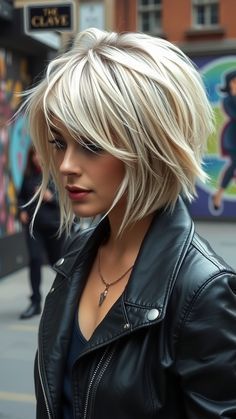 Classic Layered Bob, A Line Bob With Layers, Chop Bob Hairstyles, Medium Layered Bob With Bangs, Short Blonde Hair With Fringe, Short Blonde Shag, Medium Length Choppy Layers, Haircut Bob Short, Edgy Blonde Hair Grunge