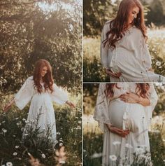 a pregnant woman in a white dress standing in the grass with her hands on her belly