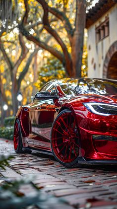 a red sports car parked in front of a building with trees and bushes behind it