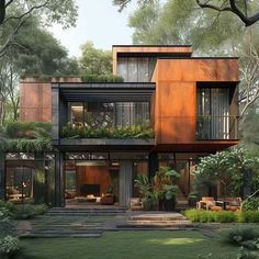 an artist's rendering of a modern house in the middle of trees and grass