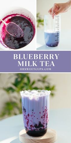 blueberry milkshake in a blender with the words blueberry milkshake on