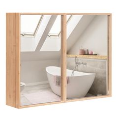 an open bathroom door with a bathtub in the center and skylights above it