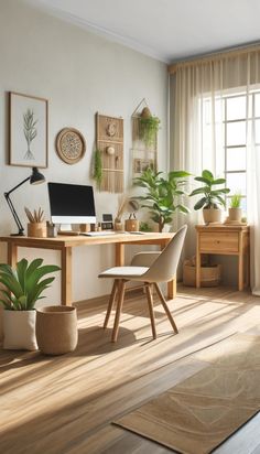 a home office with potted plants on the desk