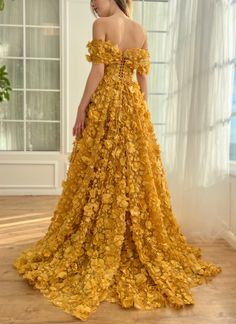 Embellished Flowers, Casual Bridal Dress, Marigold Dress, Yellow Wedding Inspiration, Teuta Matoshi, Black Wedding Gowns, Flower Prom Dress, Gold Gown, Prom Dresses Yellow