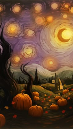 Fall Starry Night Canvas Wrap Wall Decor with orange hues, pumpkins, and leaves inspired by van Gogh's masterpiece. Pumpkin Art On Canvas, Diy Canvas Projects, Fall Inspired Painting Ideas, Fall Season Painting, Starry Night Pumpkin Painting, Halloween Sky Painting, Halloween Scene Painting, Painting A Pumpkin On Canvas, Fall Painting For Beginners