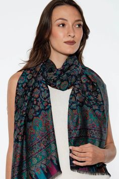 Our Jamevar Shawls are made with 100% modal and showcase the classic lightweight shawl weaves of Northern India in a jacquard weave design. Available in stunning jewel-tone colors, this exquisite shawl is ultra-soft and luxurious and can be worn in a variety of styles. Elegant Pashmina Shawl With Paisley Print, Elegant Jamawar Shawl, Elegant Jamawar Dupatta, Elegant Pashmina Scarves With Paisley Print, Elegant Pashmina Scarf With Paisley Print, Elegant Festive Paisley Print Shawl, Elegant Paisley Print Shawl For Festive Occasions, Elegant Green Pashmina Shawl, Green Jamawar Shawl