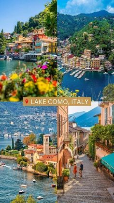 lake como italy collage with boats and mountains in the background