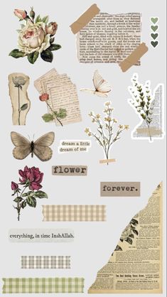 a bunch of different types of paper with flowers and words on it's side