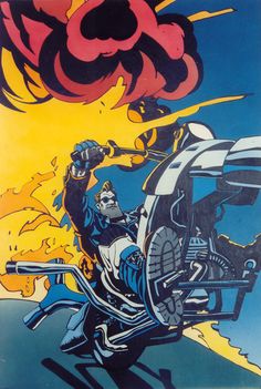 a drawing of a man on a motorcycle with flames coming out of the back tire