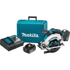 the makita cordless circular saw is in its case and it's accessories