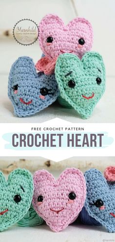 three crocheted hearts with faces on them and the text, free crochet pattern