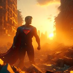 a man standing in the middle of a destroyed city with his superman costume on, as the sun sets behind him