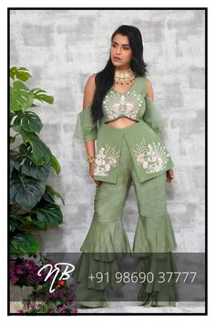 Moss Green off shoulder Peplum with Shell and Bead embellishments paired with Three Tier Sharara Pants #indianoutfit#indianwear#sharara#shararapants Sharara Pants, Three Tier, Moss Green, Indian Wear, Summer Wedding, Two Piece Pant Set