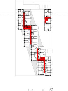 the floor plan for an office building with multiple floors and red columns on each side