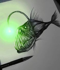 a drawing of a fish with its mouth open and glowing green light in the background