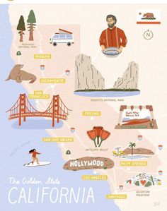 an illustrated map of the state of california with people and places to see on it