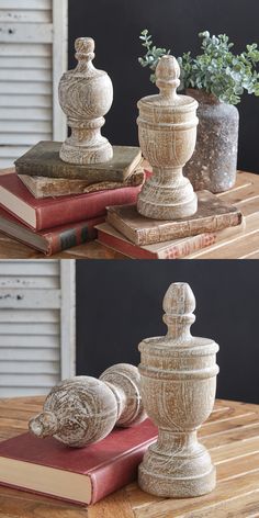 Product Description: Curated with elegance and rustic details, these decorative finial Sculpture is an impressive touch to a table. Item is created with wood and a whitewashed finish, giving it a time-worn look that compliments almost any design aesthetic. PLEASE NOTE: Pictured vase with plant sprigs, and vintage books are not included.PLEASE NOTE: This item cannot be shipped to Canada. Vase With Plant, Antique Farmhouse, Design Aesthetic, Wood Turning, Vintage Books, Finials, White Wash, Home Collections, Cottage Style