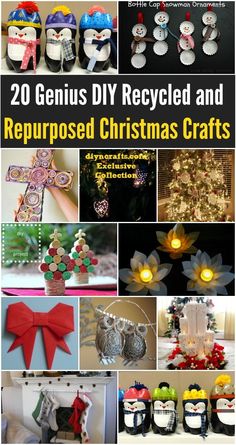 the cover of 20 genius diy recycled and repurposed christmas crafts, with pictures of