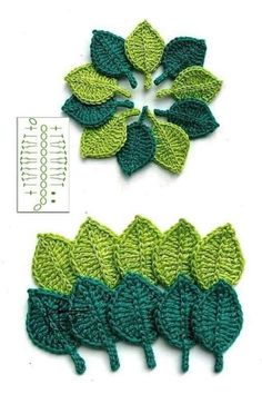 two crocheted leaves are shown next to each other