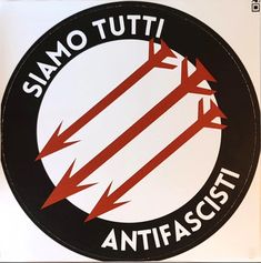 an antifascist sticker on the side of a white and black sign