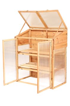 an open wooden box with glass doors on the top and bottom sides, in front of a white background