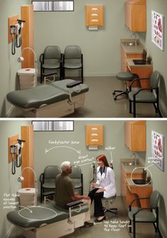 a woman talking to a man in a hospital room with medical equipment on the wall