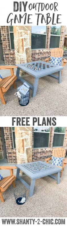 an outdoor table and bench made out of pallets with text overlay that reads diy outdoor game table free plans