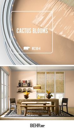 an image of a dining room that is painted in beige and has the words cactus blooms on it