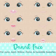 the face of a baby doll with blue eyes and pink cheeks, is shown in different positions