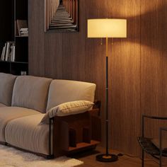 a living room with a couch, lamp and bookshelf on the wall next to it