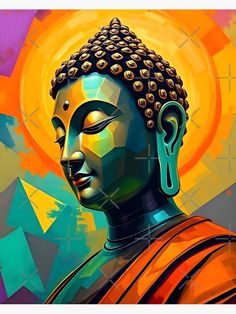 a painting of a buddha statue with the sun in the backgroung behind it