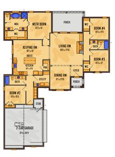 three bedroom, two bath apartment floor plan with 2 car garages and an attached laundry room