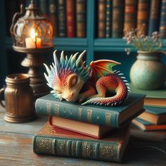 a dragon figurine sitting on top of two books