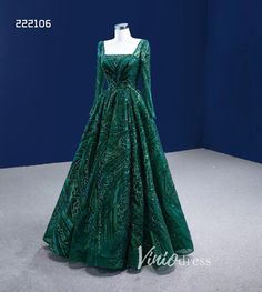 Emerald Green Long Sleeve Prom Dresses Square Neck Formal Dress 222106 – Viniodress Green Medieval Dress, Medieval Dress Princess