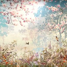 an artistic painting of flowers and birds in the sky with trees, grass and bushes