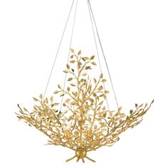 a chandelier with gold leaves hanging from the ceiling