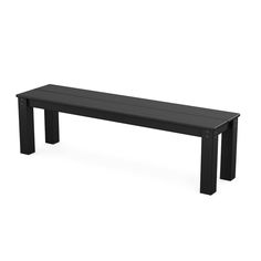 a black bench sitting on top of a white floor