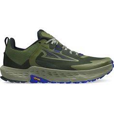 a green shoe with blue accents on the sole and laces around the outstrap