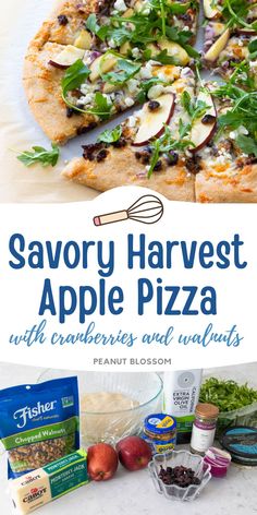 an advertisement for savory harvest apple pizza with cranberries and walnuts