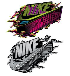 the nike logo is shown in three different colors and styles, including black, white, pink