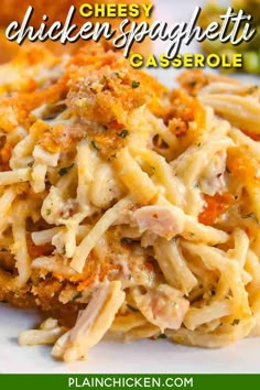 cheesy chicken spaghetti casserole on a white plate with text overlay