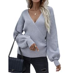 Gray Cross V Neck Knitted Pullover Sweater Knitted V-neck Sweater For Fall, Solid Knitted V-neck Sweater For Fall, Trendy Gray V-neck Sweater For Fall, Gray Knit V-neck Sweater For Spring, Long Sleeve V-neck Sweater With Ribbed Cuffs For Fall, Fall V-neck Sweater With Long Sleeves And Ribbed Cuffs, Fall Long Sleeve V-neck Sweater With Ribbed Cuffs, Knit V-neck Long Sleeve Sweater, Fall Textured Knit Long Sleeve V-neck Sweater