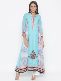 Blue Pink Printed Georgette Kalidaar Kurta With Black Contrast Detail Stitching On Kalis.. 3/4Th Sleeves ..Embroidered Motifs On Front Panel And Hemline With Lace Detailing On Sleeves And Hemline. Latest Salwar Kameez Designs, Kameez Designs, Latest Salwar Kameez, Aqua Blue Color