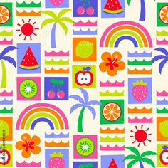 a colorful pattern with fruit and palm trees